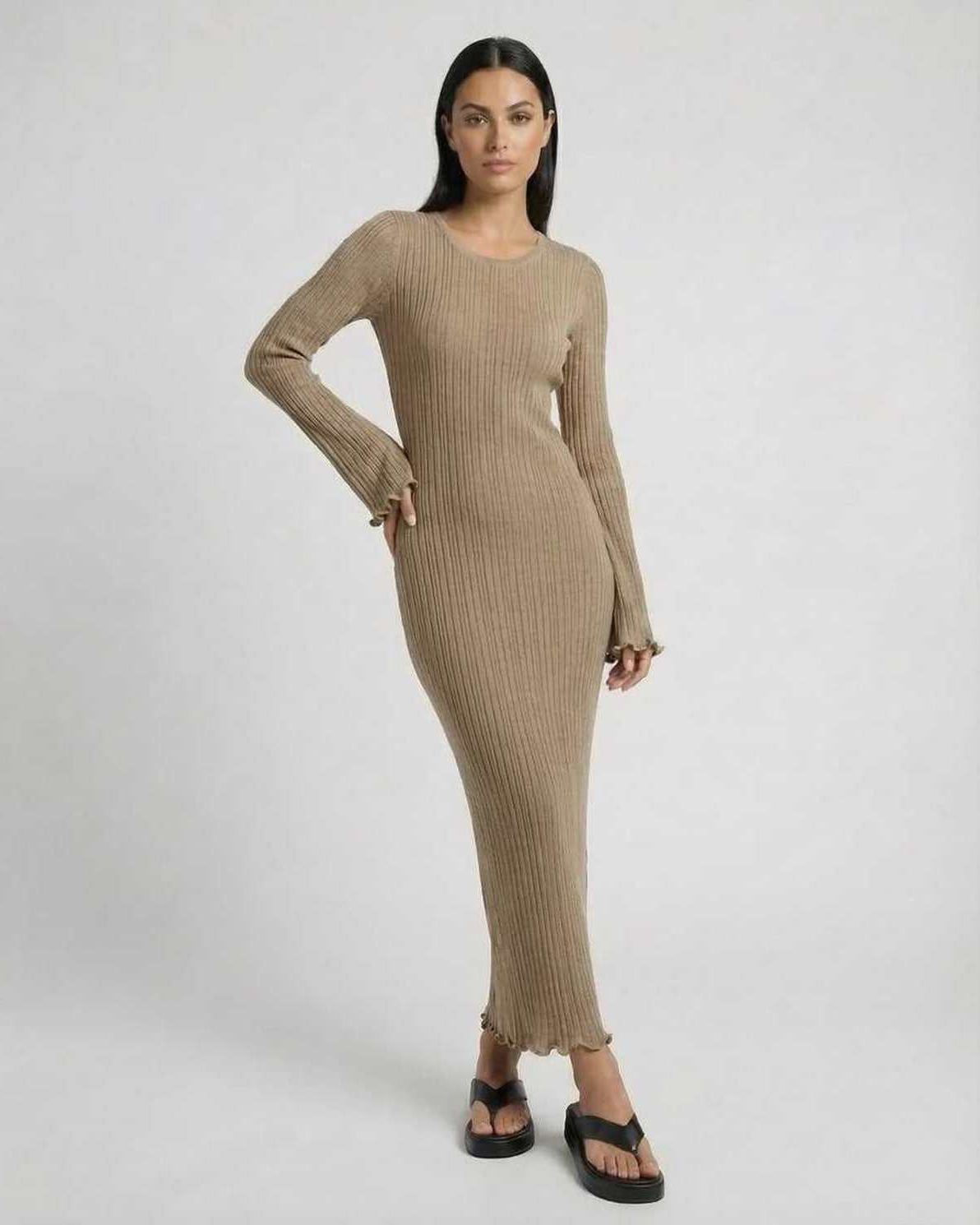 Solara Maxi Dress by Lauven, elegant ribbed knit midi dress in warm taupe and long flared sleeves.