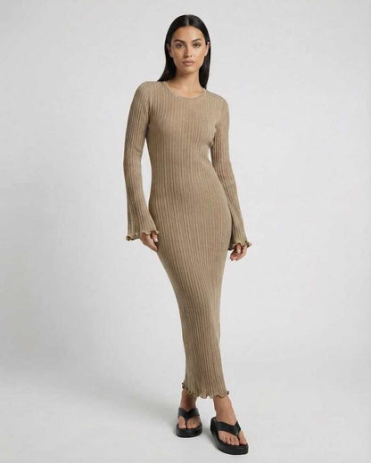 Lauven Solara Maxi Dress in Warm Taupe, ribbed knit fabric, elegant midi length, flared sleeves with ruffles.