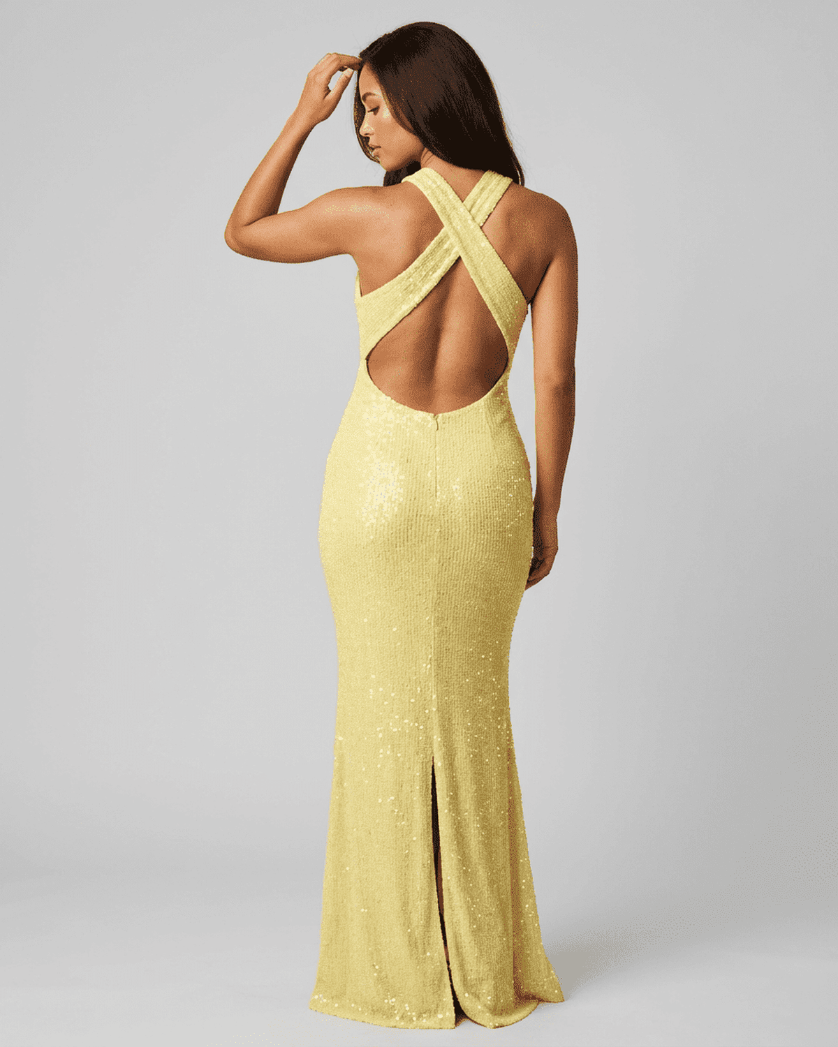 Solara Maxi Dress by Lauven, back view showcasing the elegant backless design and sequined fabric.