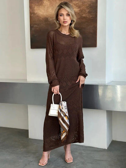 Model wearing Solara Maxi Dress by Lauven, a dark brown crochet knit dress showcasing elegance and vintage charm.
