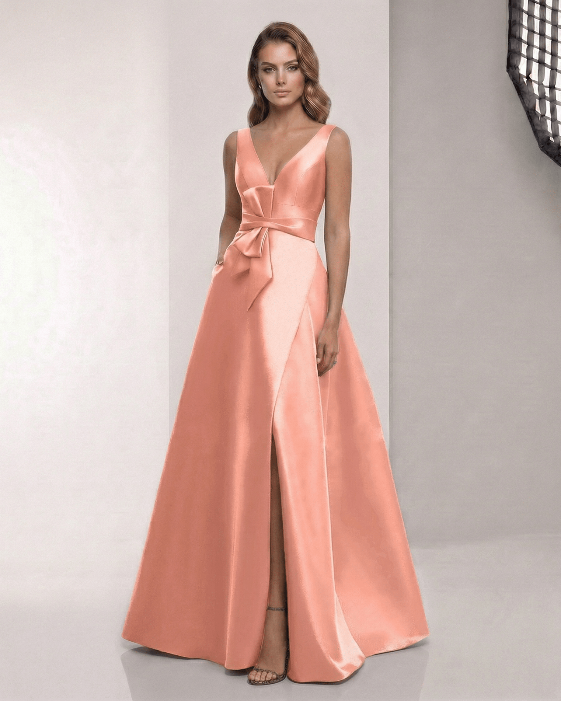 Solara Maxi Dress - Satin A-Line Peach with V-Neck, Bow Detail by Lauven, elegant for formal occasions.