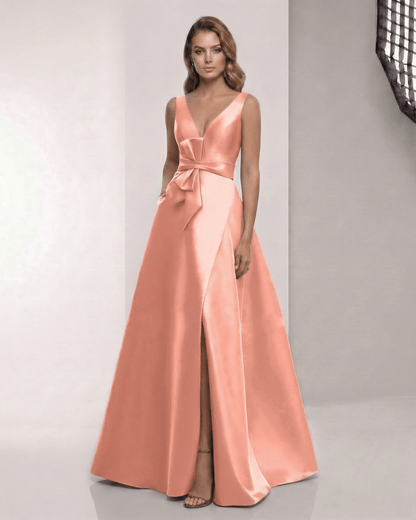 Solara Maxi Dress - Satin A-Line Peach with V-Neck, Bow Detail by Lauven, elegant for formal occasions.