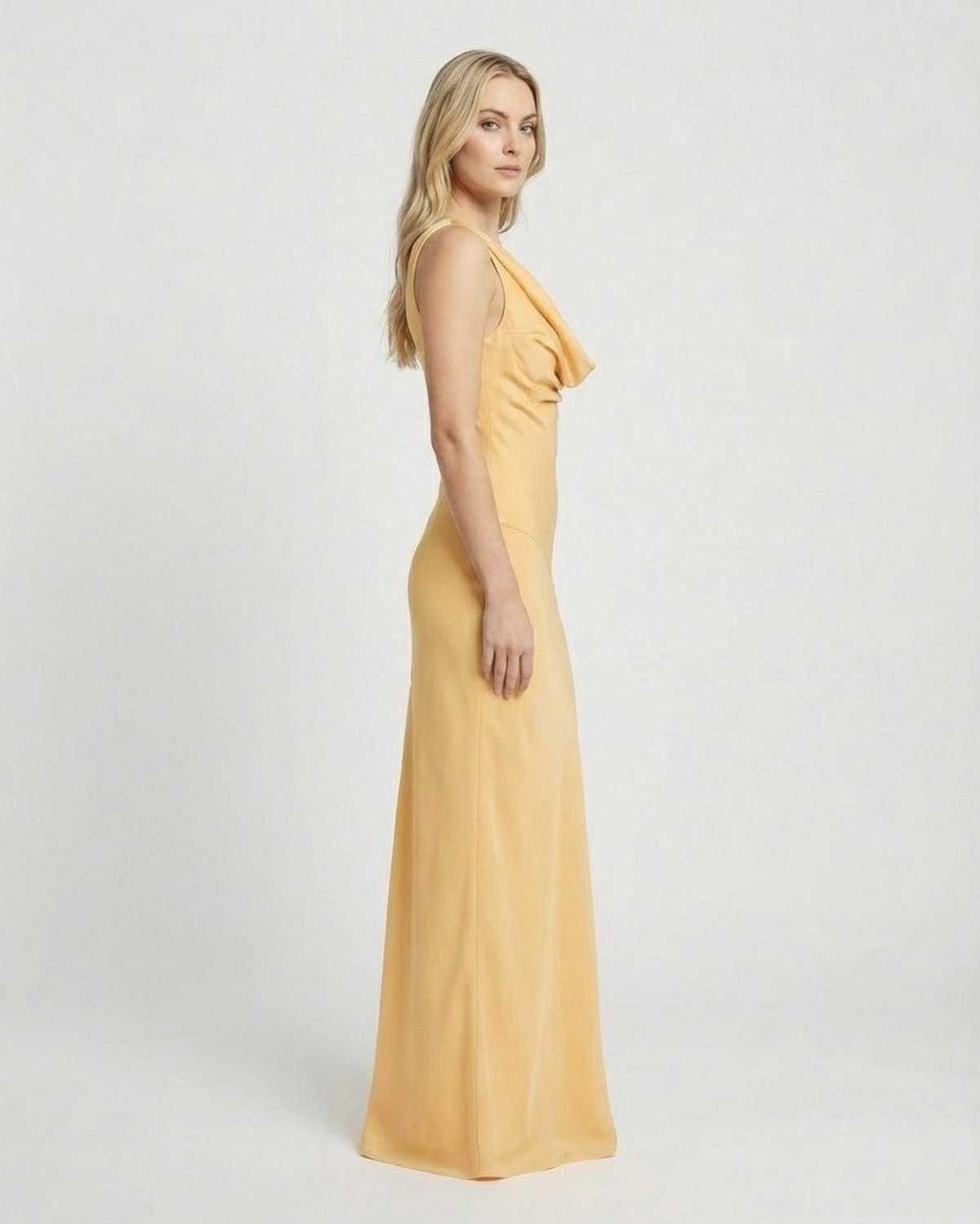 Solara Maxi Dress by Lauven, showcasing a satin-effect cowl neck design in a stunning yellow hue.
