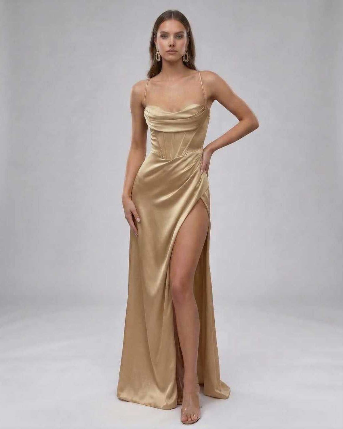Solara Maxi Dress by Lauven - Luxurious champagne satin gown with high slit for elegant eveningwear.