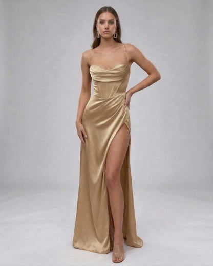 Solara Maxi Dress by Lauven - Luxurious champagne satin gown with high slit for elegant eveningwear.