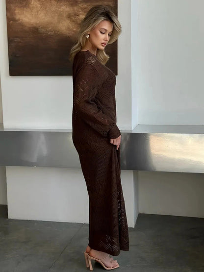 Solara Maxi Dress by Lauven featuring a warm dark brown crochet knit design ideal for elegant seasonal celebrations.