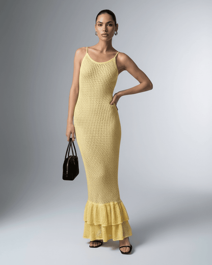Solara Maxi Dress by Lauven - Yellow bodycon maxi dress with hollow out detail and ruffled hem, perfect for modern looks.