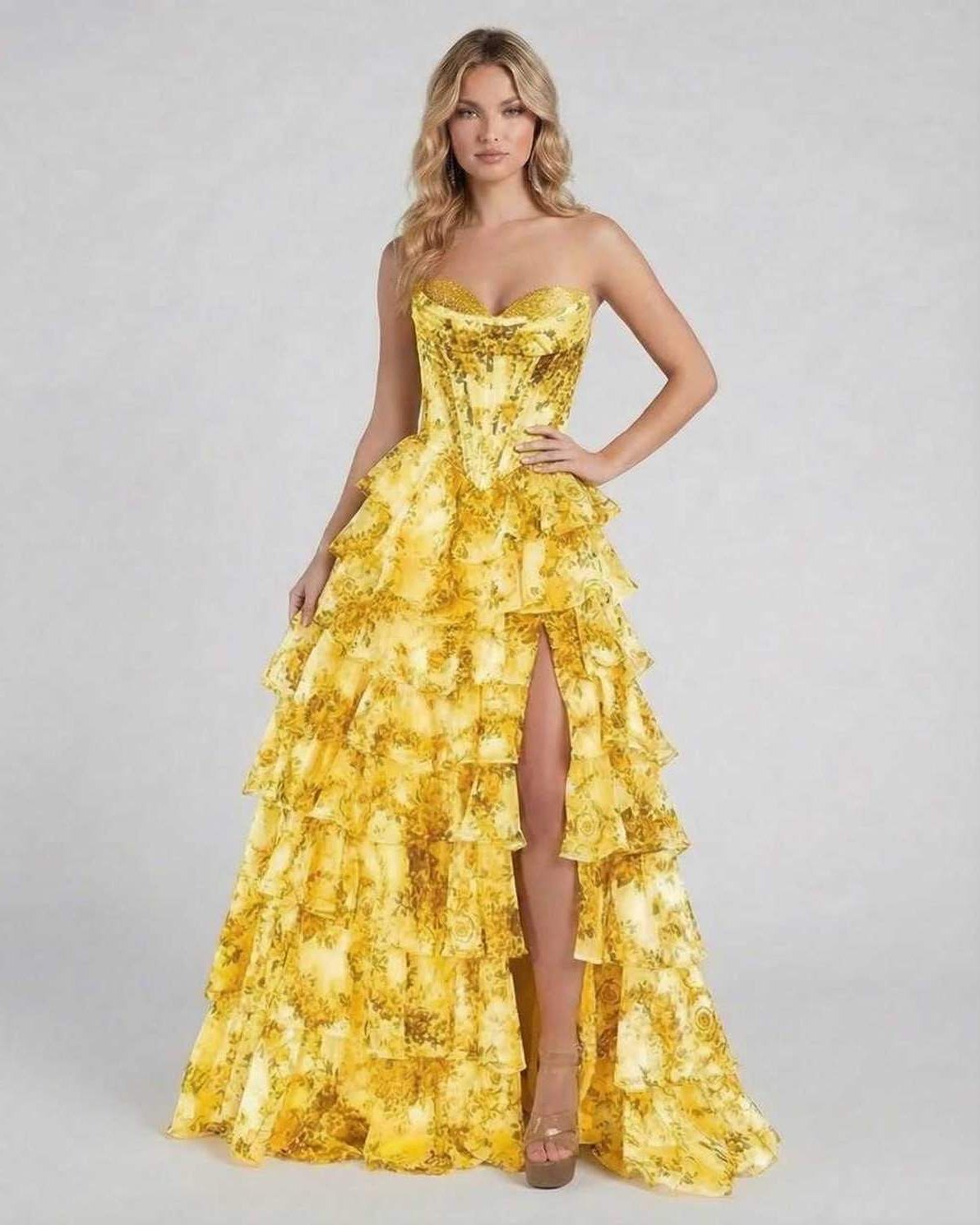 Solara Maxi Dress by Lauven, yellow floral tiered chiffon gown with a sweetheart neckline and glamorous silhouette.