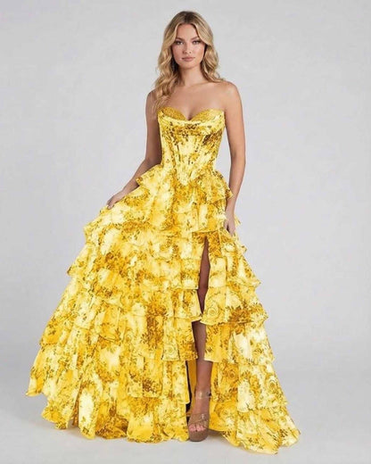 Solara Maxi Dress by Lauven - Stunning yellow floral tiered chiffon gown with structured corset bodice.