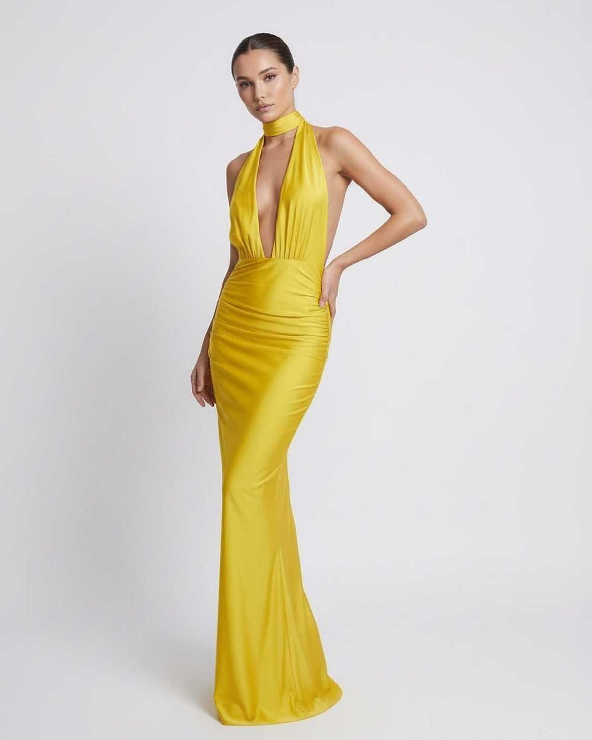Solara Maxi Dress - Yellow Halter Maxi Dress with Deep Plunge and High Waist by Lauven, sleek and stylish for special occasions.