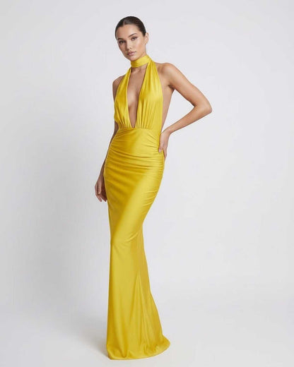 Solara Maxi Dress - Yellow Halter Maxi Dress with Deep Plunge and High Waist by Lauven, sleek and stylish for special occasions.