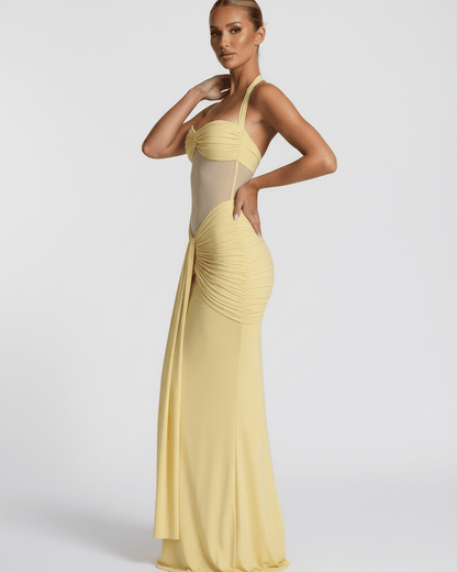 Solara Maxi Dress — Yellow Halter Maxi Dress with Mesh Panel and Mermaid Silhouette by Lauven.