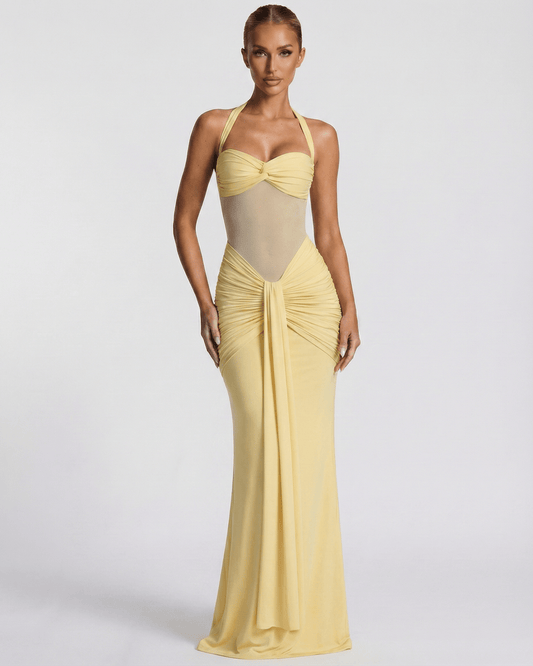Solara Maxi Dress in yellow with mesh panel, mermaid silhouette, by Lauven, exuding elegance and sophistication.