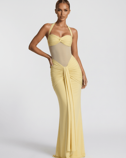 Solara Maxi Dress - Yellow Halter Maxi Dress with Mesh Panel and Mermaid Silhouette by Lauven