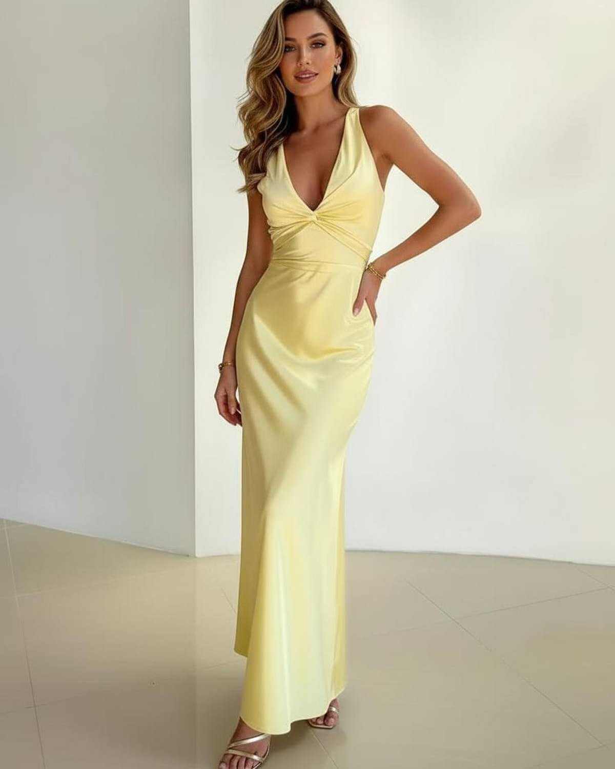 Solara Maxi Dress by Lauven, elegant yellow satin dress with sleeveless V-neck and A-line silhouette, perfect for formal occasions.