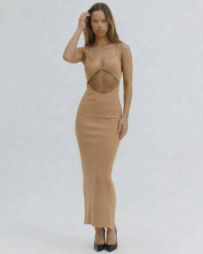 Solara Midi Dress from Lauven, elegant cut-out spaghetti strap design in nude for modern sophistication.