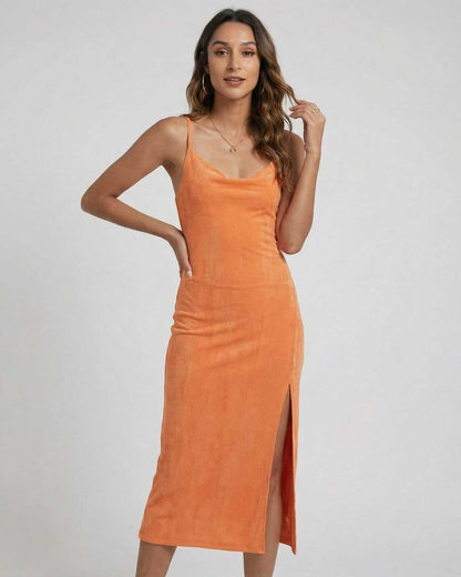 Solara Midi Dress by Lauven in orange, featuring a cowl neck, sleeveless design, and elegant slit.