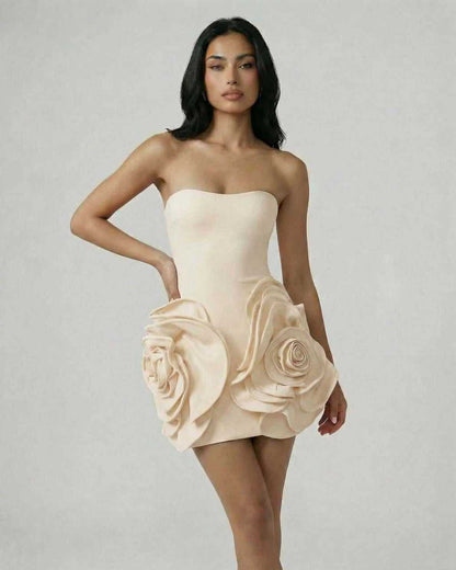Solara Mini Dress by Lauven featuring a strapless design with oversized floral details in elegant beige.