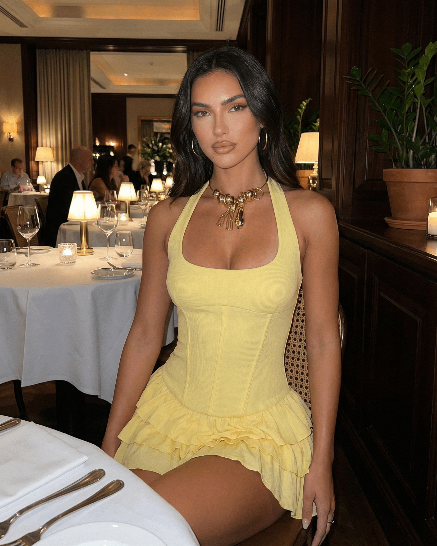 Lauven Solara Mini Dress in yellow with a square neckline and tiered skirt, perfect for summer outings.