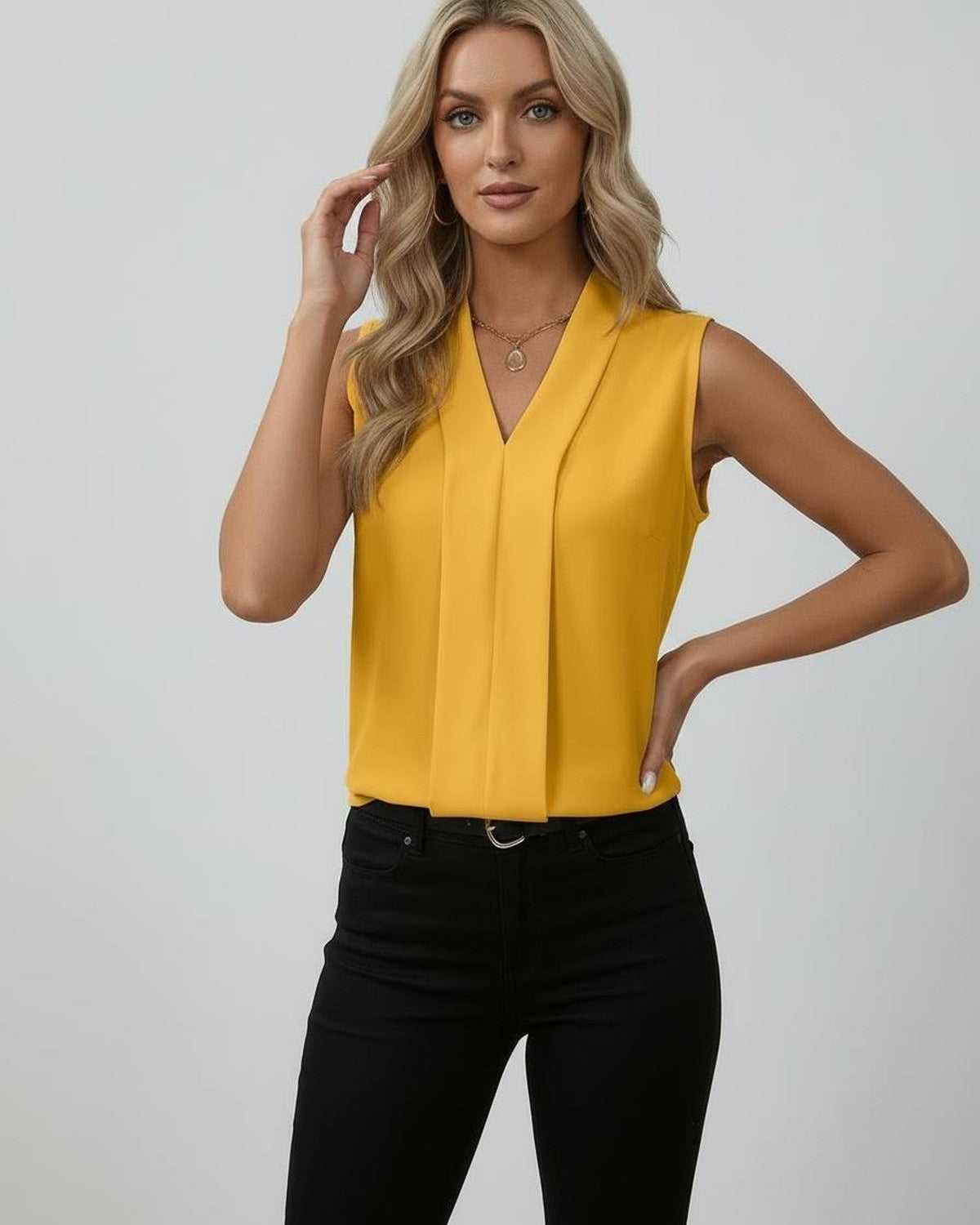 Solara Top – Elegant sleeveless V-neck yellow top by Lauven, offering a sleek silhouette for a radiant look in any setting.