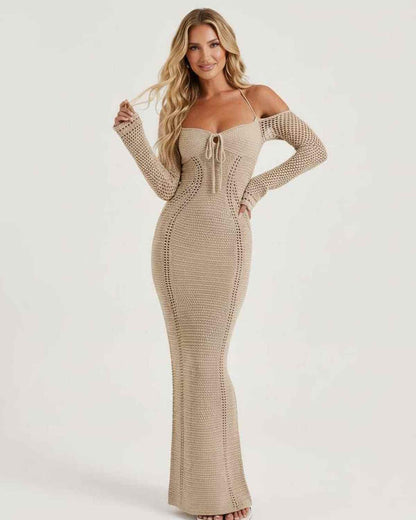Soleil Maxi Dress - Textured Knit Long Sleeve Dress with Open Back Detail by Lauven, showcasing a refined silhouette.