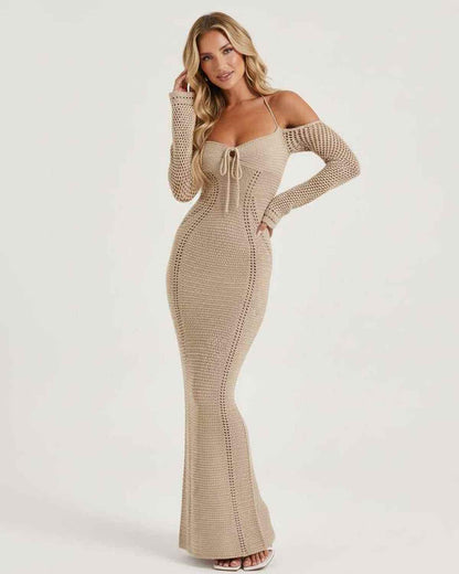 Soleil Maxi Dress - Textured Knit Long Sleeve Dress with Open Back Detail by Lauven, refined beige bodycon silhouette.