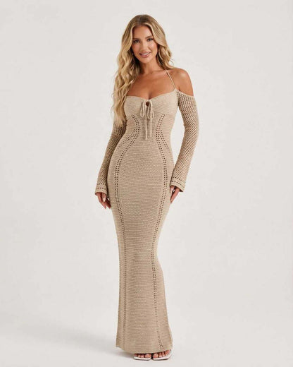 Soleil Maxi Dress - Textured Knit Long Sleeve Dress with Open Back Detail from Lauven, showcasing a sculpted silhouette in beige.