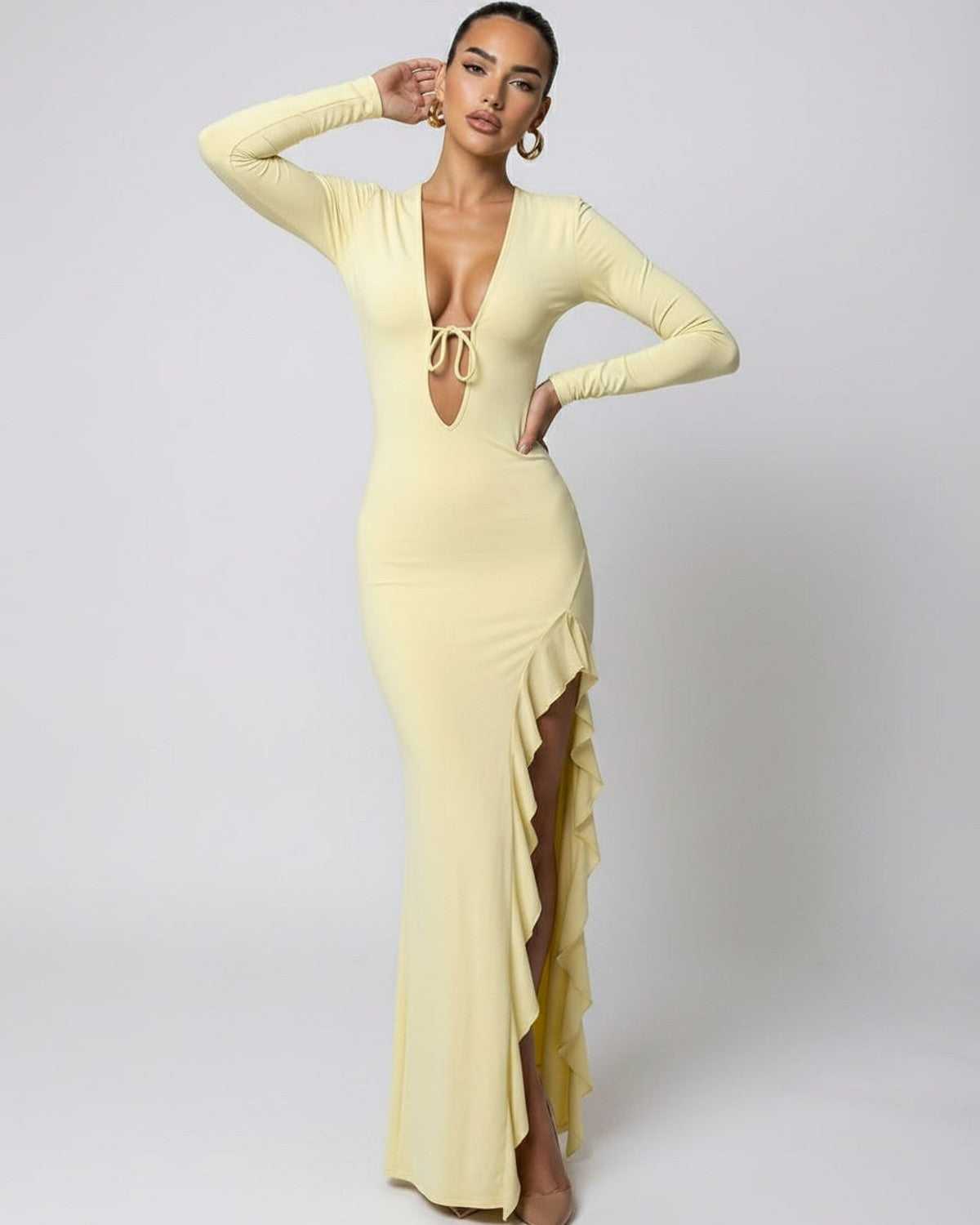 Soleil Maxi Dress - Yellow deep V-neck with ruffle high slit, smooth fabric by Lauven for a sleek silhouette.