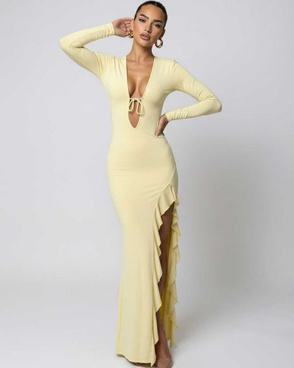 Soleil Maxi Dress - Yellow deep V-neck with ruffle high slit, smooth fabric by Lauven for a sleek silhouette.