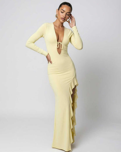 Soleil Maxi Dress by Lauven, yellow deep V-neck dress with ruffles and high slit for a sleek and elegant look.