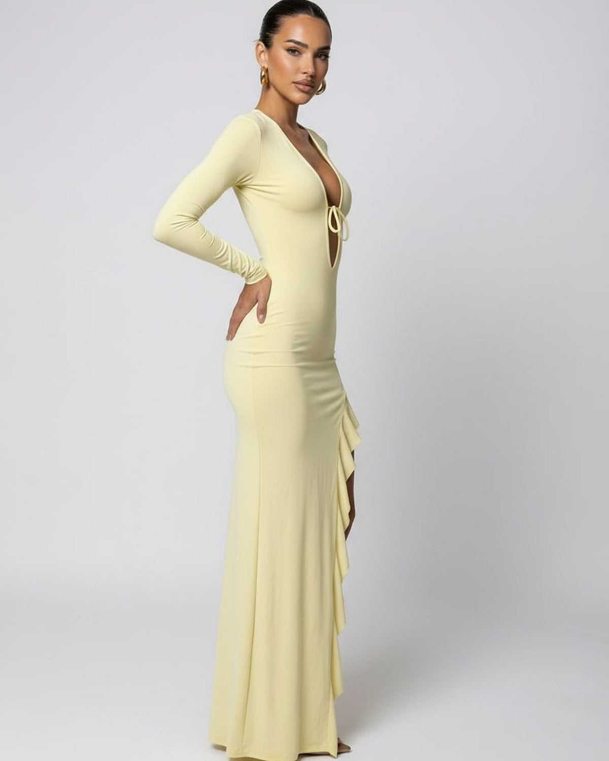 Soleil Maxi Dress in yellow with deep V-neck, ruffle high slit, smooth stretch fabric by Lauven.
