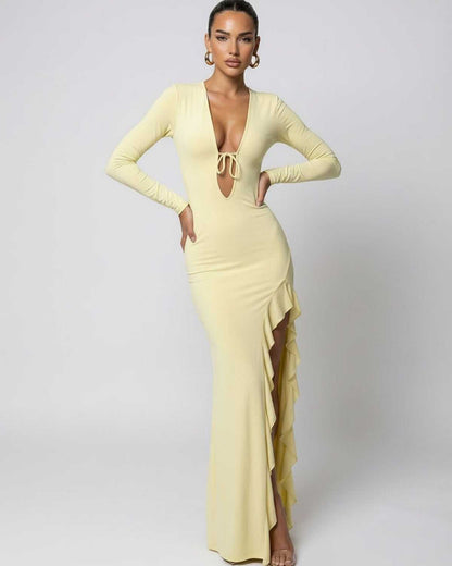 Soleil Maxi Dress by Lauven, yellow deep V-neck design with ruffle high slit, smooth stretch fabric for a sleek silhouette.