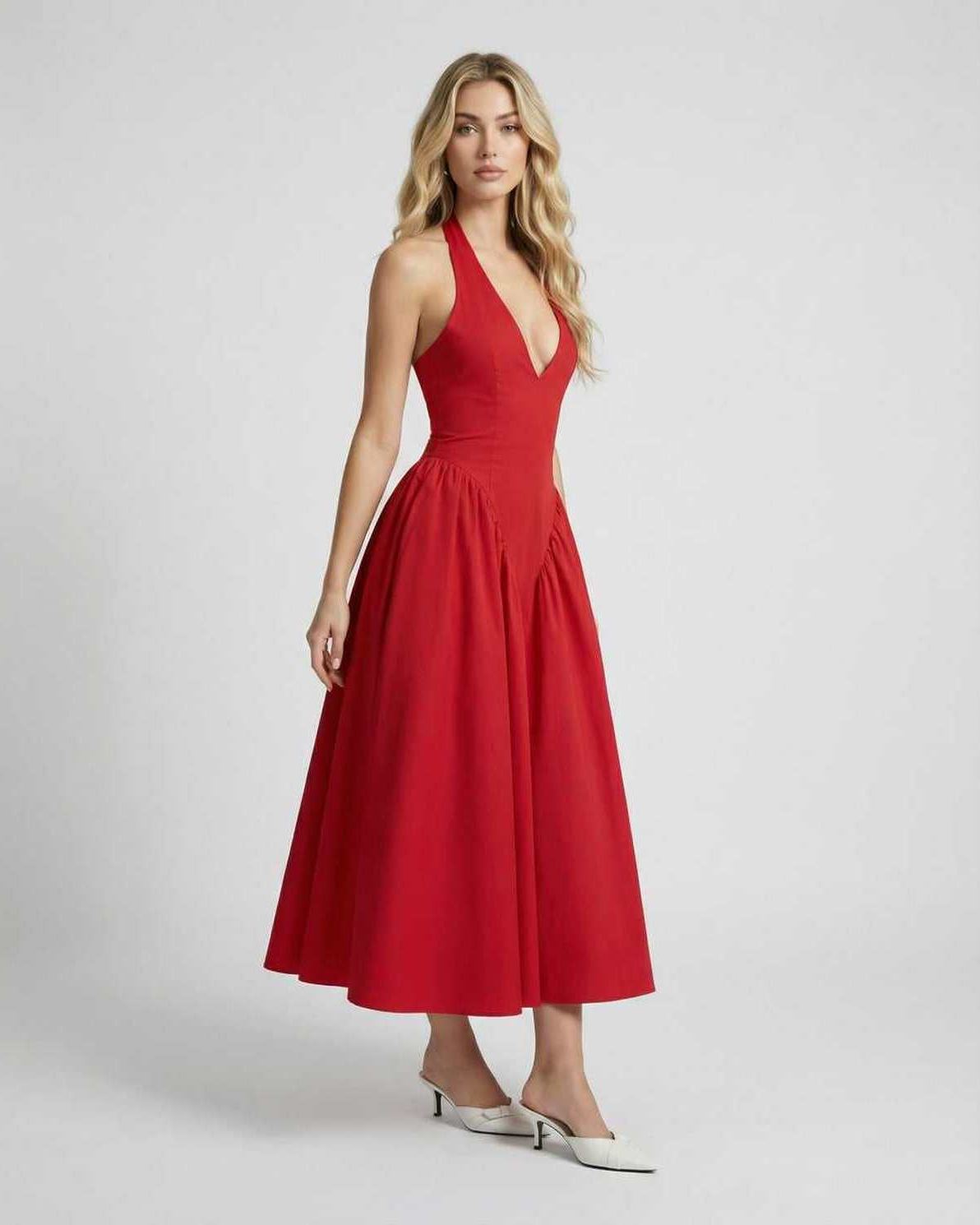 Soleil Midi Dress in striking red with halter neck, backless detail, and polished silhouette by Lauven.