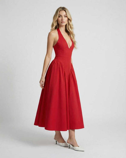 Soleil Midi Dress in striking red with halter neck, backless detail, and polished silhouette by Lauven.