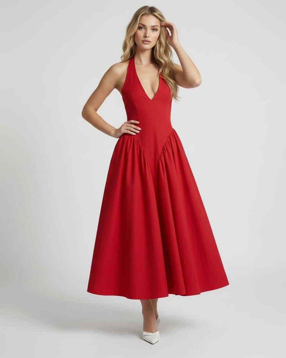 Soleil Midi Dress — Red backless halter neck dress by Lauven, featuring a sculpted silhouette for a polished look.