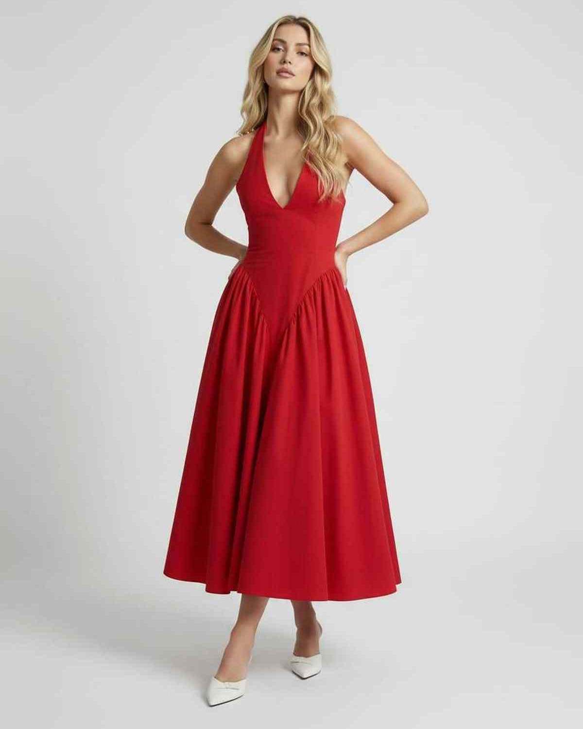 Soleil Midi Dress featuring a halter neck and backless design, perfect for special occasions by Lauven.
