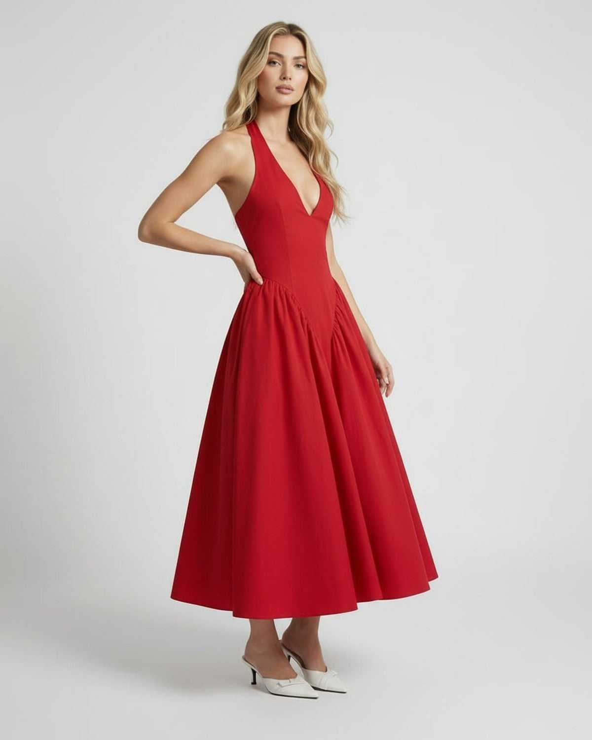 Soleil Midi Dress - red backless halter neck dress by Lauven, featuring sculpted silhouette for a polished look.