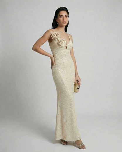 Solene Maxi Dress by Lauven in champagne sequin with floral accents and flattering silhouette.