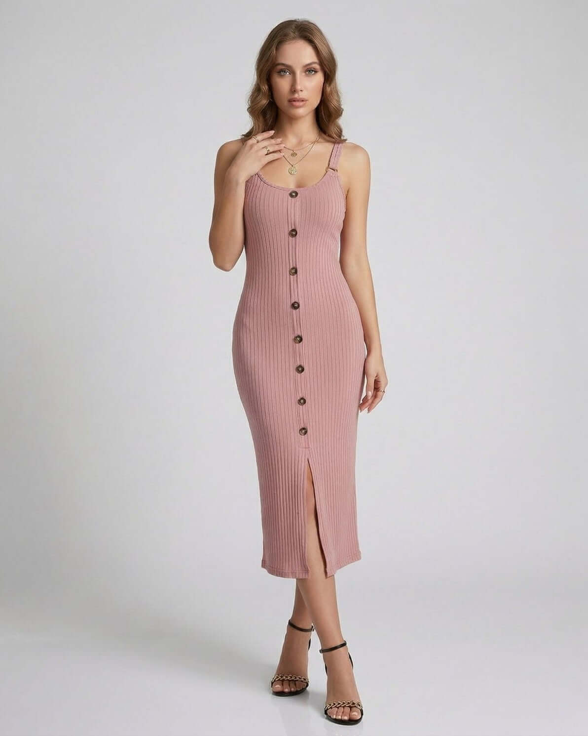 Solene Midi Dress by Lauven, ribbed blush-pink sleeveless dress with front buttons and split, perfect for any occasion.