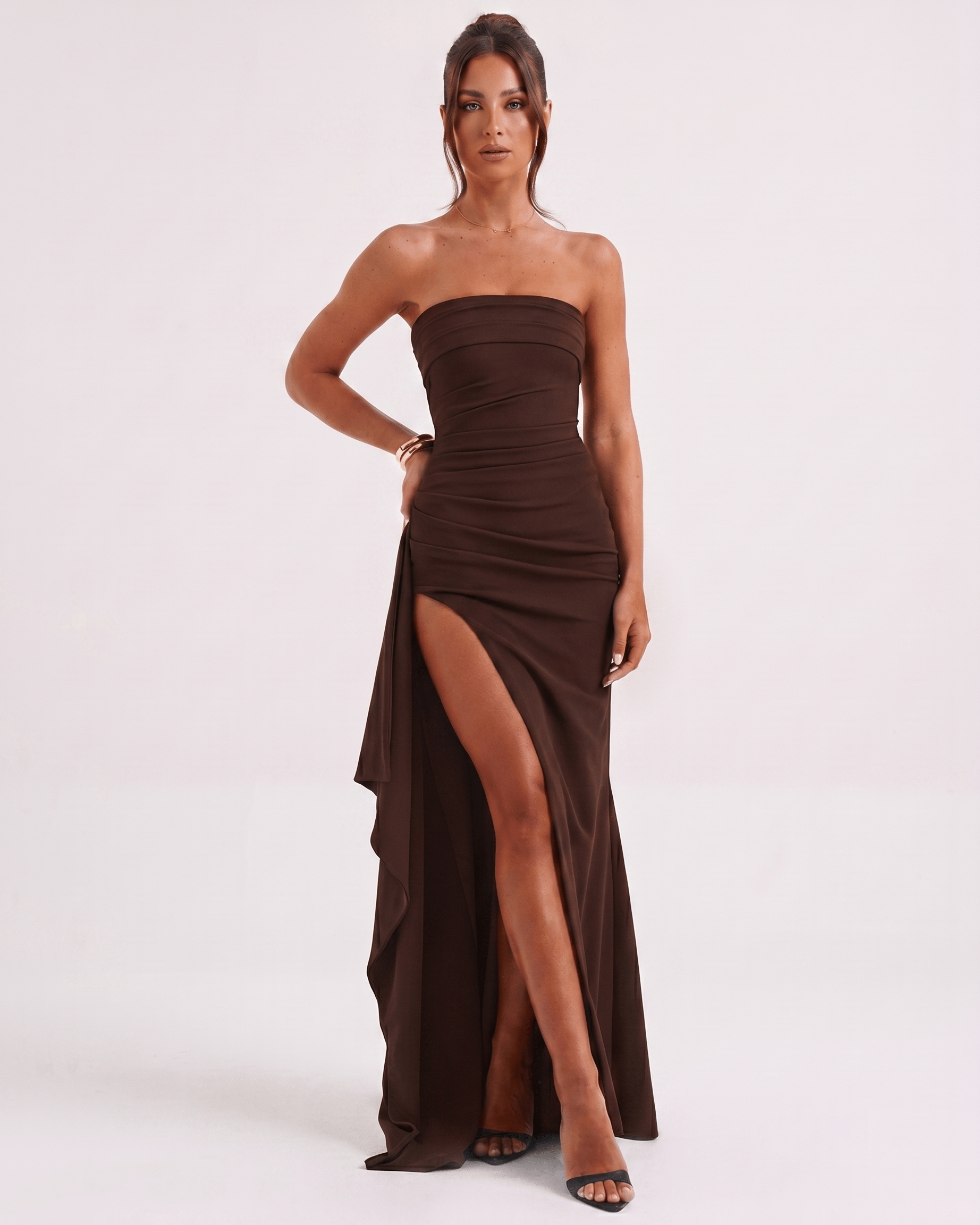 Solenne Maxi Dress featuring a bandeau design, high waist, side slit, and fluid polyester fabric by Lauven.
