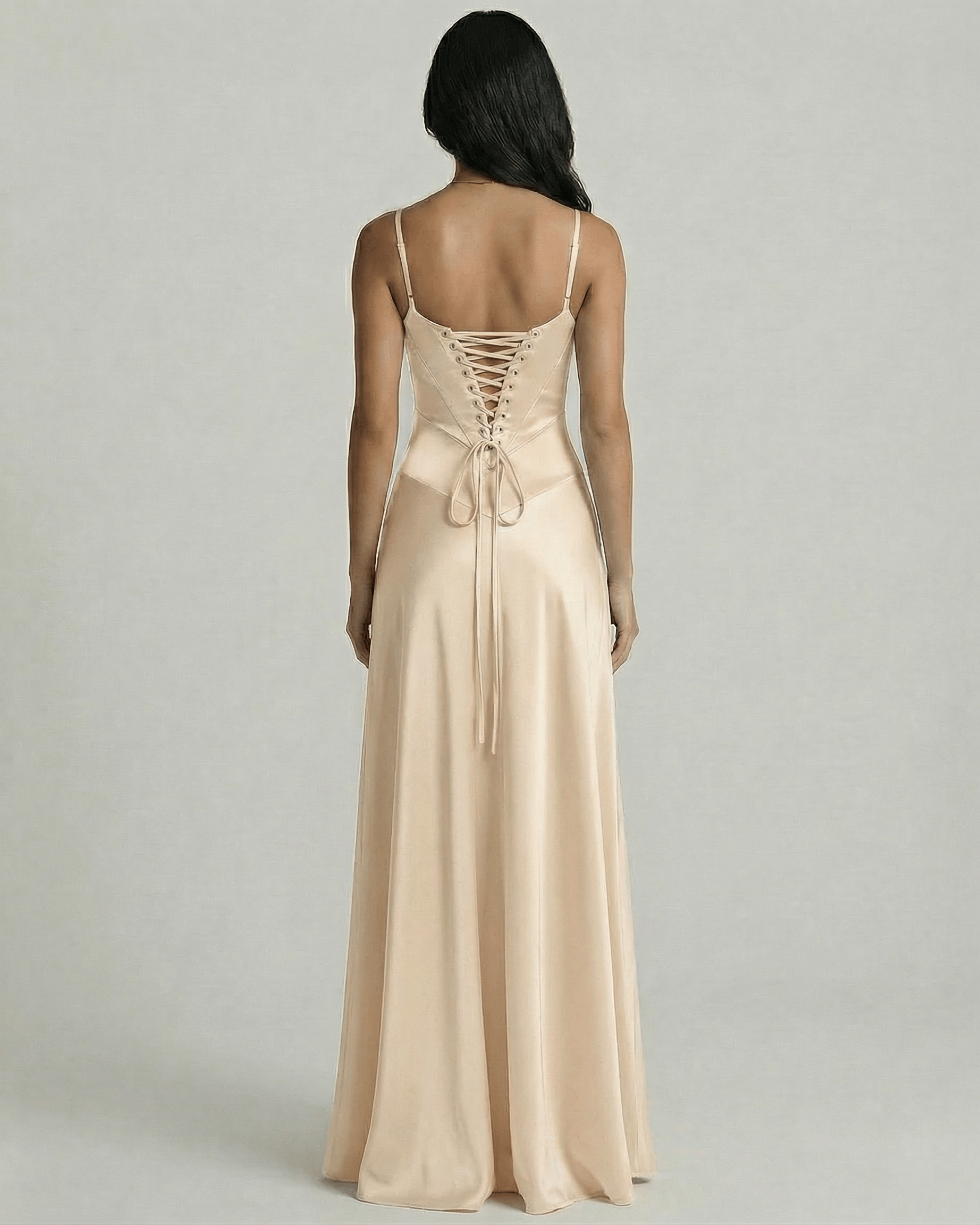 Back view of the Solenne Maxi Dress by Lauven showcasing the champagne satin lace-up detail.