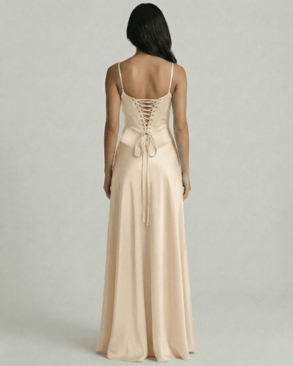 Back view of the Solenne Maxi Dress by Lauven showcasing the champagne satin lace-up detail.