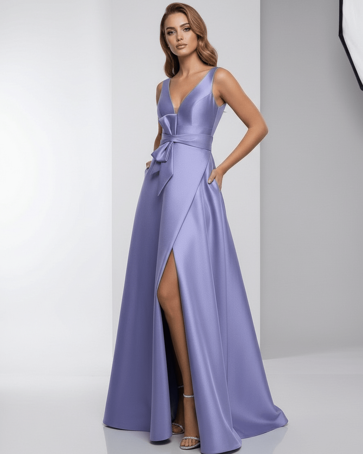 Solenne Maxi Dress in lavender satin, A-line silhouette, deep V-neck, and elegant flowing design by Lauven.