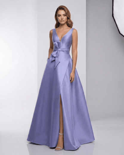 Solenne Maxi Dress in lavender satin, A-line V-neck design, capturing refined elegance and graceful movement by Lauven.