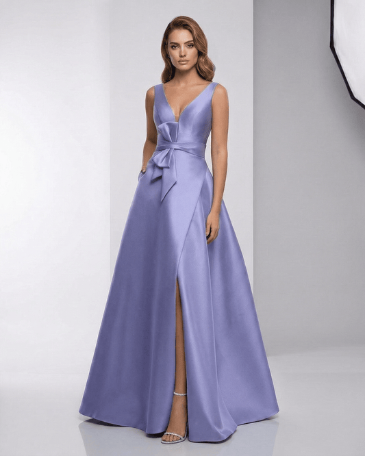 Solenne Maxi Dress in lavender satin, A-line V-neck design, capturing refined elegance and graceful movement by Lauven.