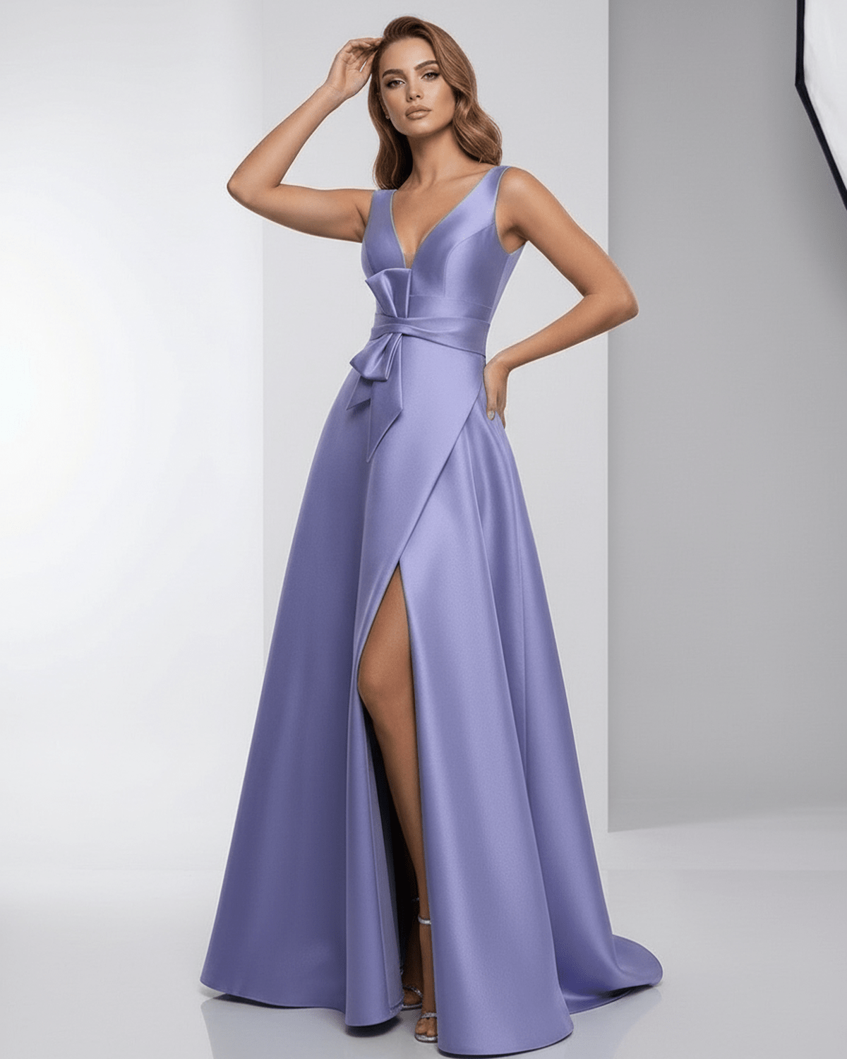 Solenne Maxi Dress – Lavender satin A-line V-neck, elegant and flowy evening gown by Lauven.