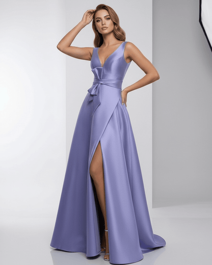 Solenne Maxi Dress – Lavender satin A-line V-neck, elegant and flowy evening gown by Lauven.