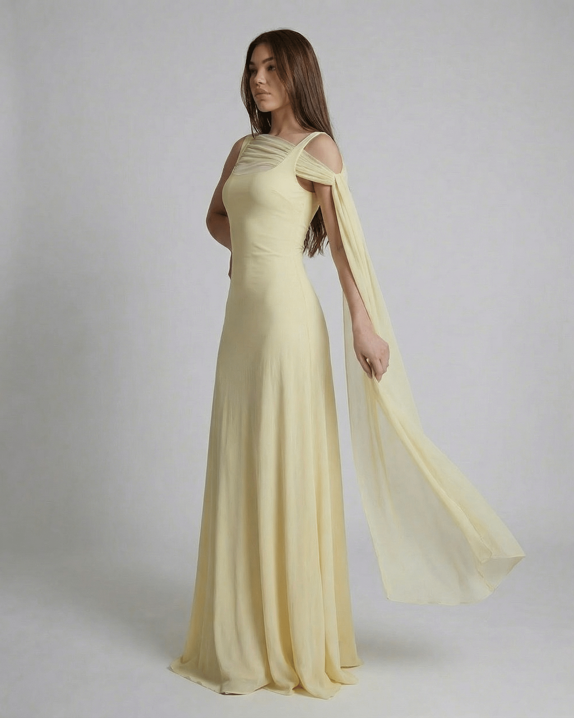 Solenne Maxi Dress by Lauven - Light yellow slip maxi dress with square neck and mesh shawl detail.