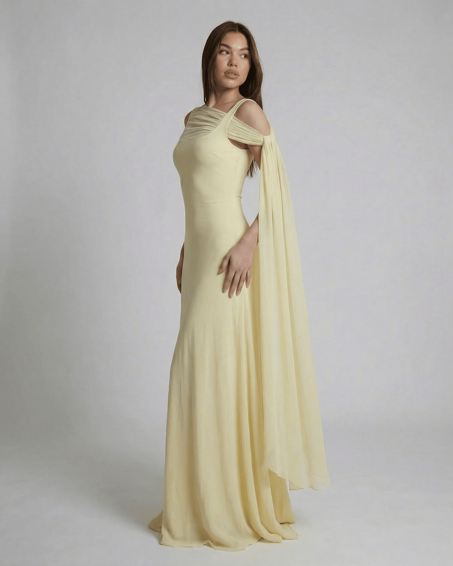 Solenne Maxi Dress by Lauven - light yellow slip maxi dress with square neck and mesh shawl detail.