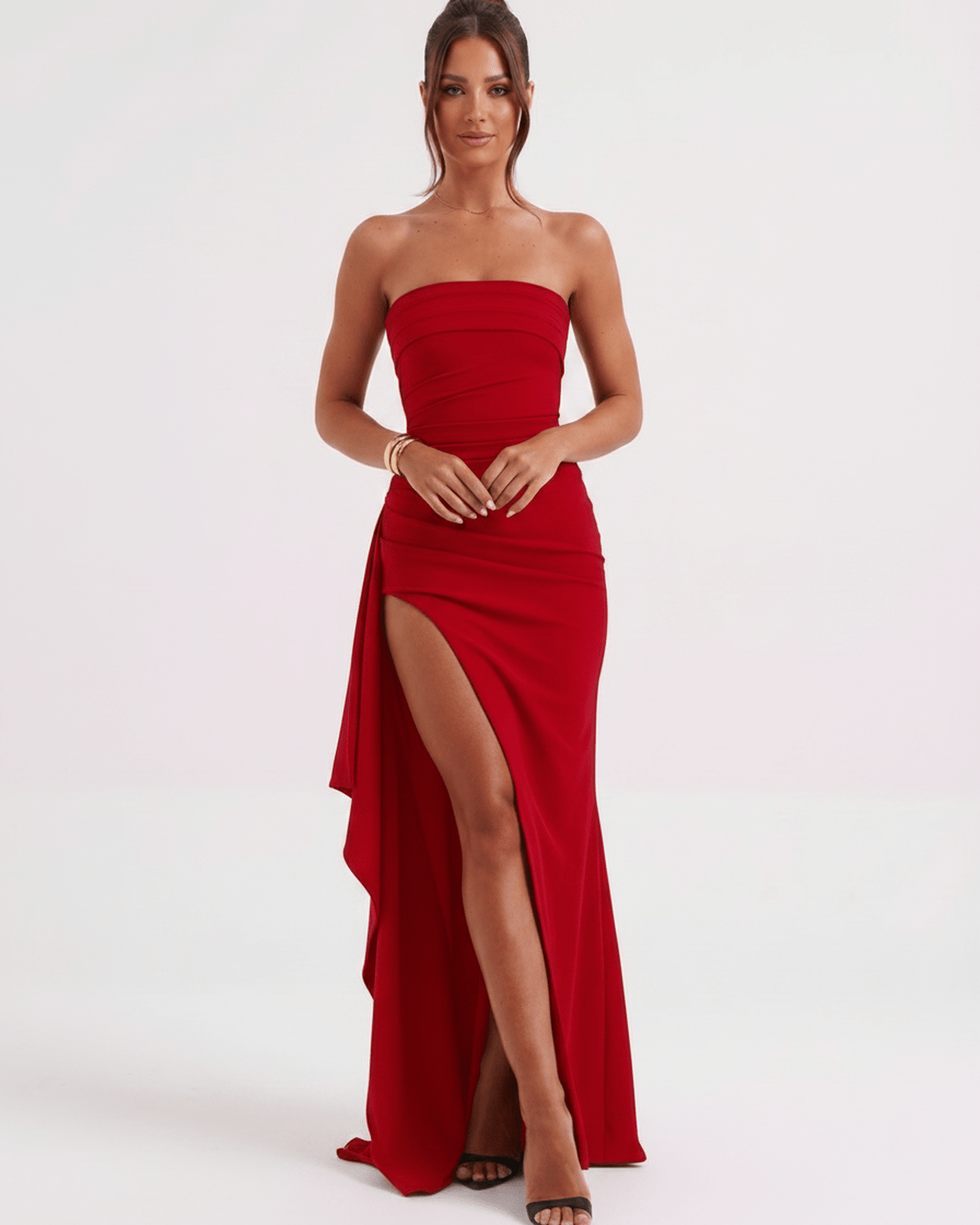 Solenne Maxi Dress by Lauven, red bandeau dress featuring asymmetrical design and side slit for a sleek silhouette.